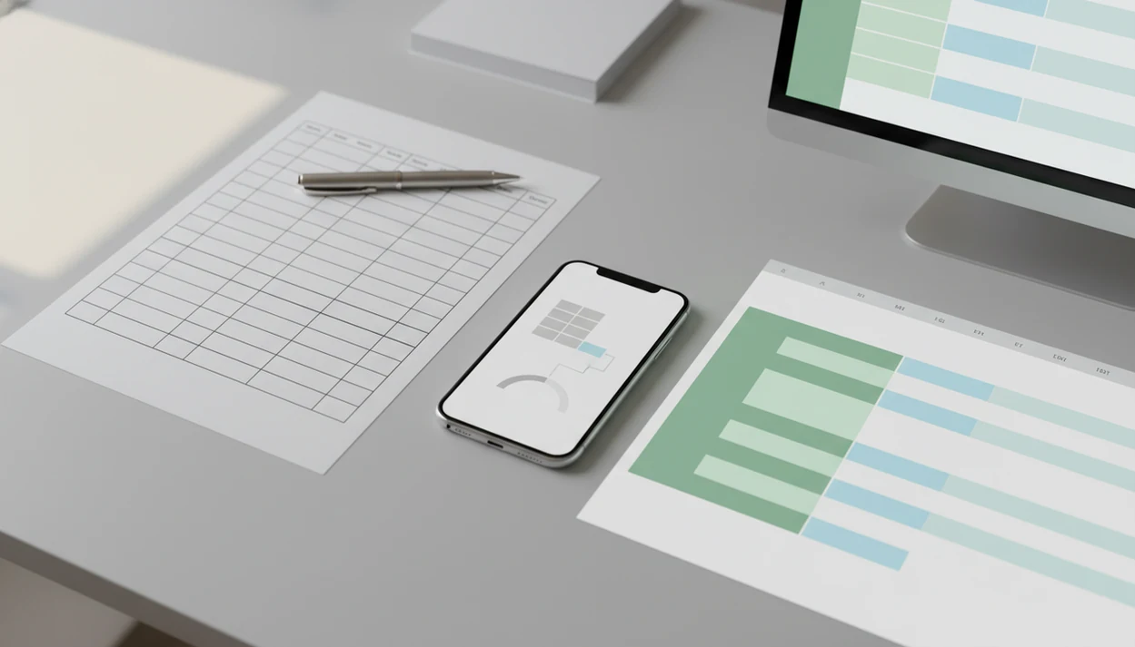 A PDF table on paper appears to convert through a phone into a clean spreadsheet grid.