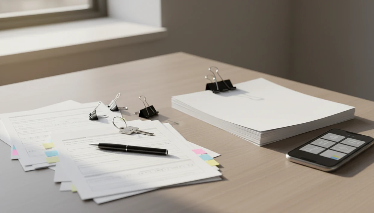 Real estate documents, keys, and a phone arranged to show scattered files becoming one organized PDF packet.