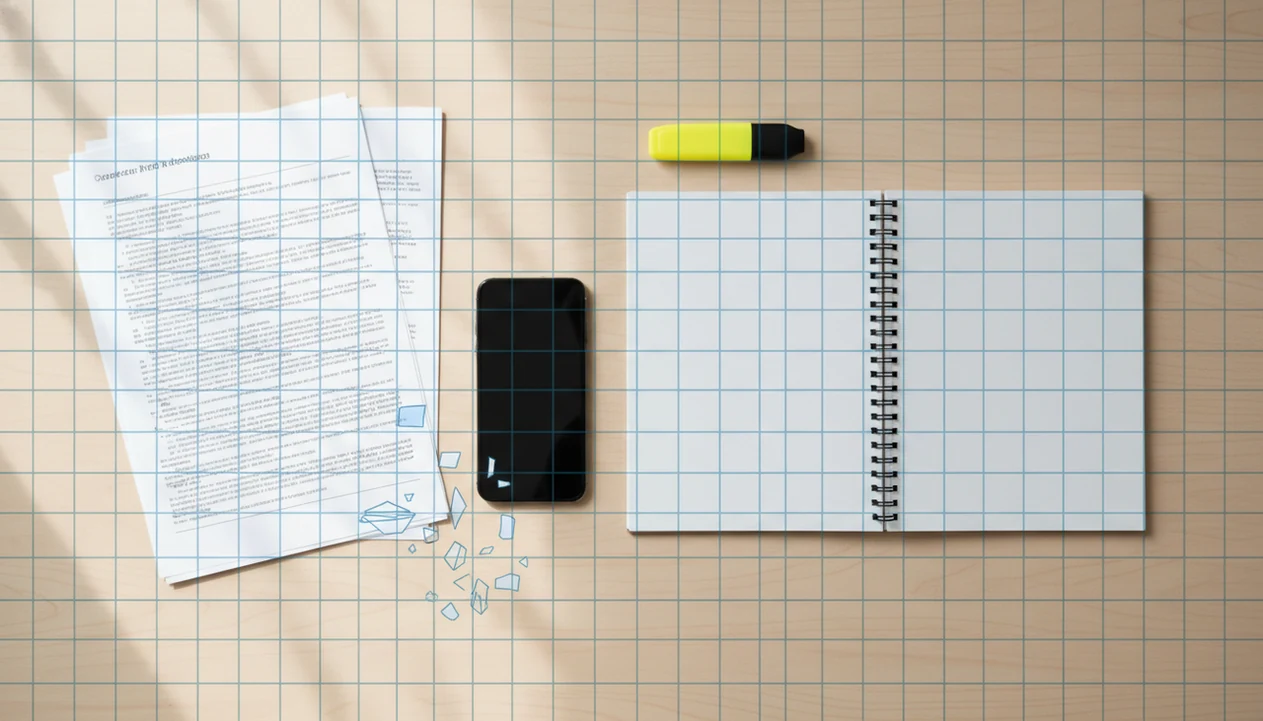 A student desk shows handouts, a phone, and a notebook with a subtle OCR grid suggesting conversion to notes.