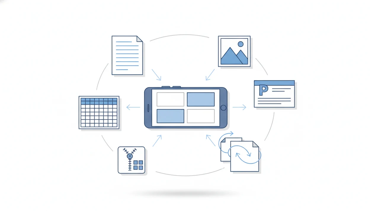 A phone acts as a hub for converting and organizing PDF documents into multiple file types.
