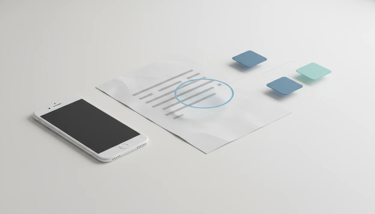 A scanned document gains a hidden text layer beside a phone, suggesting mobile PDF OCR search and export.
