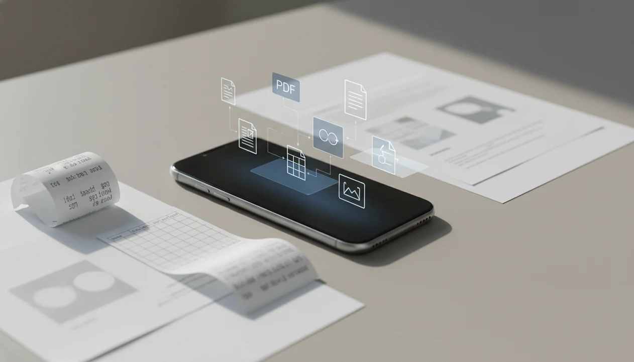 A smartphone surrounded by documents and abstract file cards suggesting mobile PDF conversion tools.