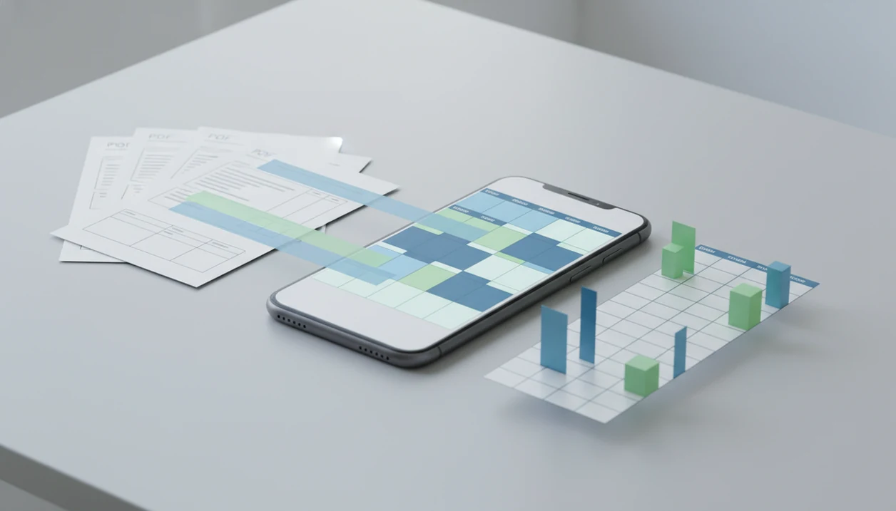 A smartphone converts abstract PDF table pages into a clean spreadsheet grid for mobile data extraction.