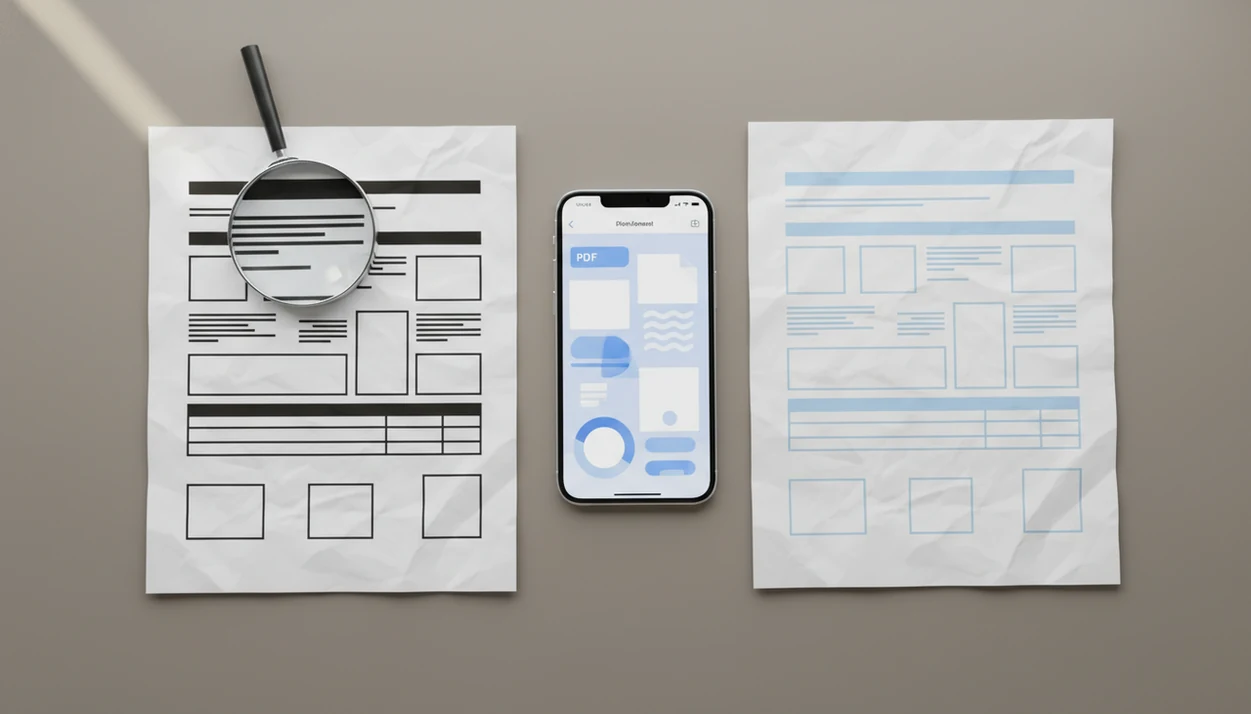 A phone converts a structured PDF into an editable document while a magnifier suggests OCR review.