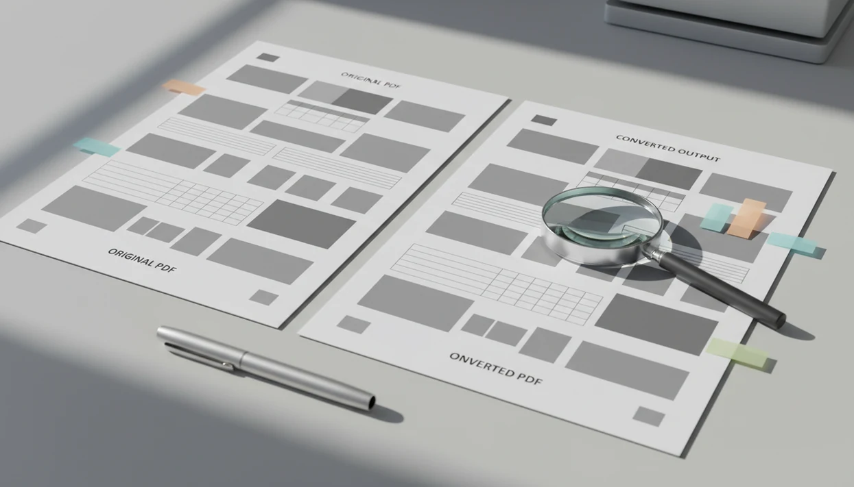 Side-by-side original and converted document pages are reviewed with a magnifying glass on a clean desk.
