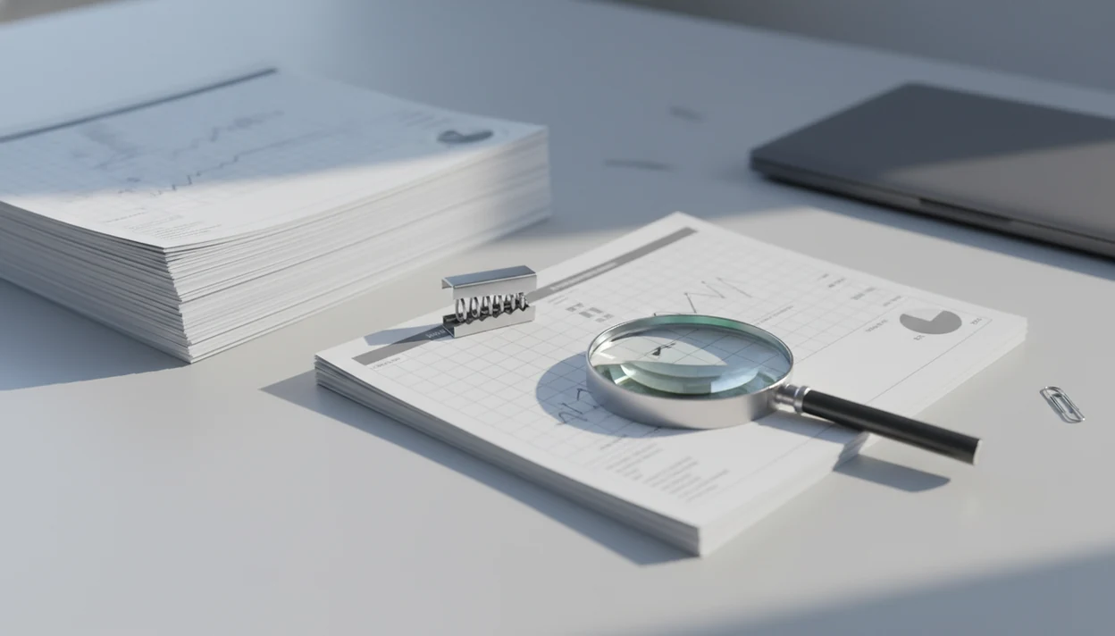 Two document stacks show a large PDF becoming smaller while a magnifying glass checks page clarity.