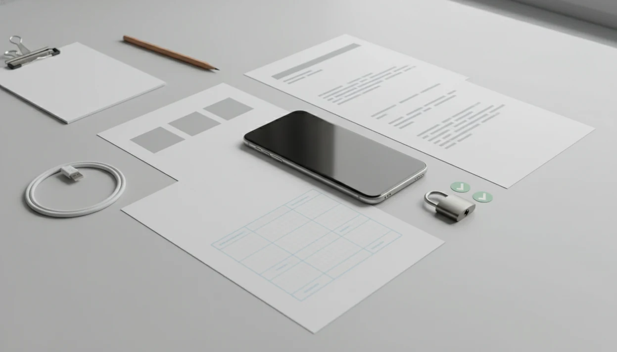 A phone beside PDF documents, a padlock, and checkmarks suggesting a safe mobile PDF converter download.