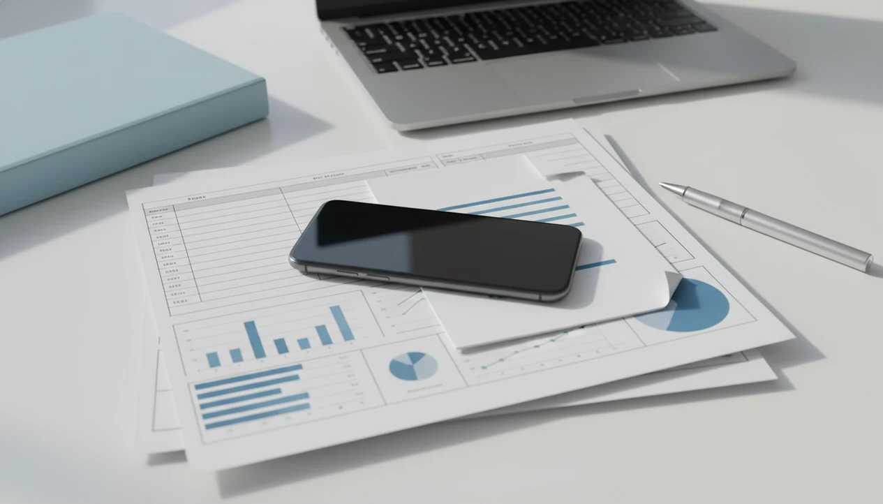 A phone beside spreadsheet-style report pages prepared as a clean shareable PDF.