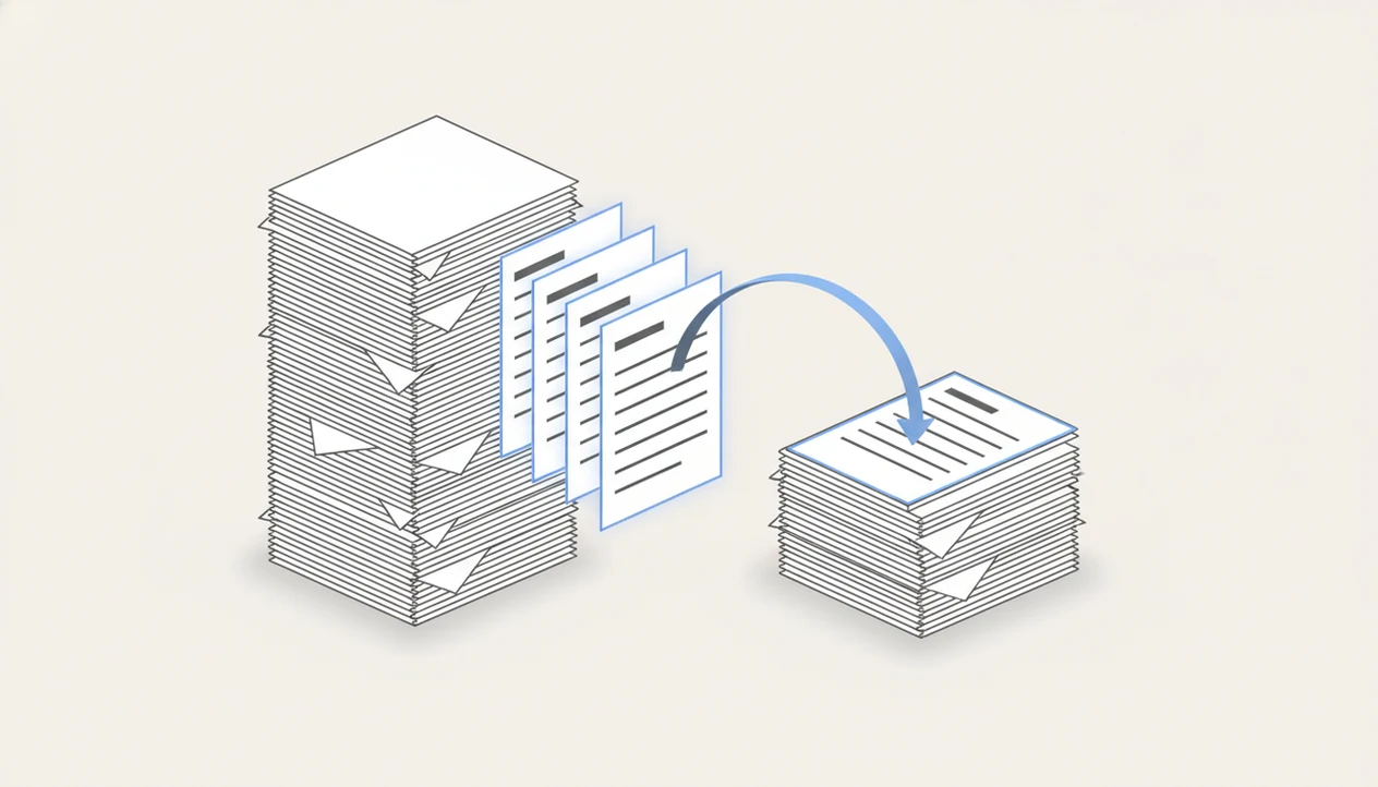 Selected pages are pulled from a larger PDF stack into a smaller new document while the original remains intact.