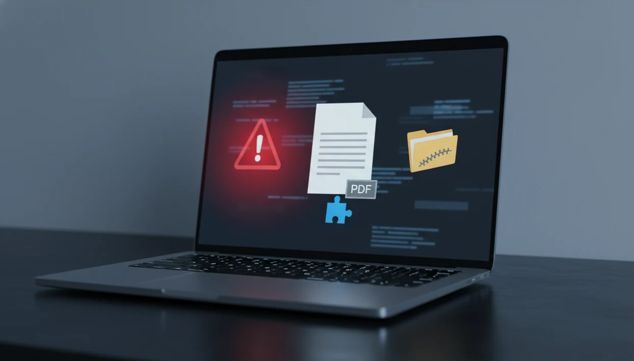 A laptop and blank PDF symbol surrounded by malware warning icons on a dark desk.
