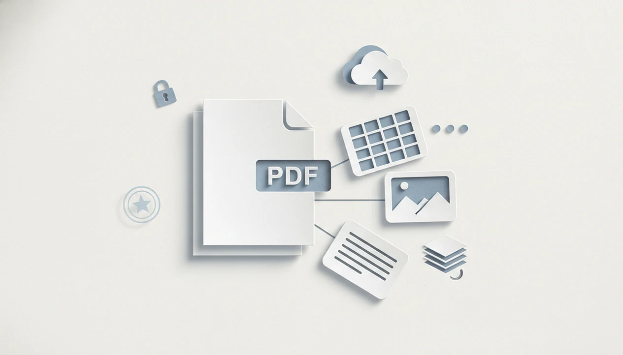 Generic PDF pages convert into file types while privacy, watermark, and usage limit symbols surround them.