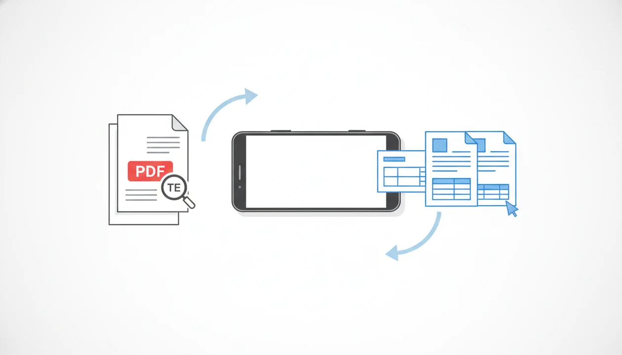 An illustrated Android phone converting PDF pages into editable Word-style document pages.