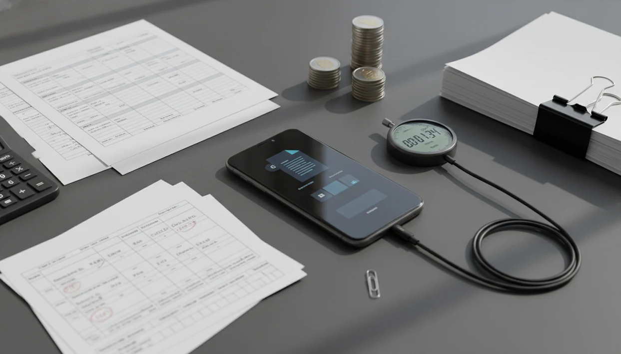 A smartphone surrounded by PDFs, a stopwatch, coins, and marked pages suggests mobile document value.