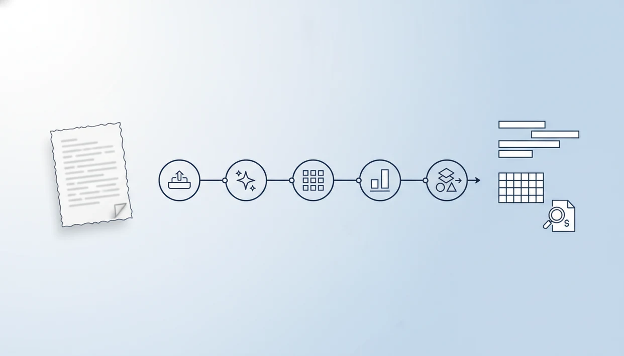 A scanned document moves through abstract OCR stages into editable document and spreadsheet outputs.