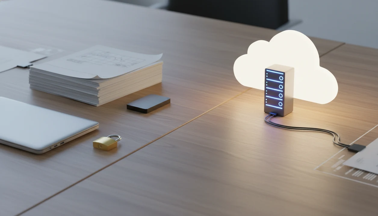 A desk scene compares local PDF conversion with cloud processing using a laptop, papers, lock, and servers.