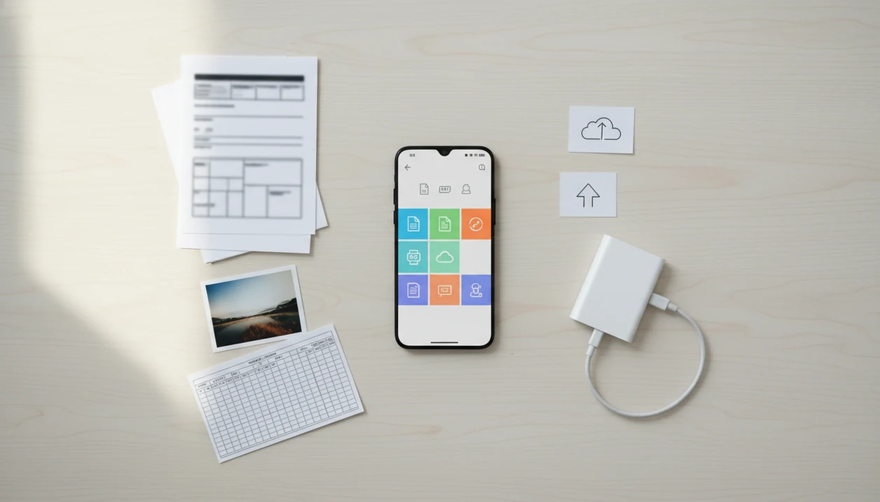 An Android phone on a desk surrounded by documents, photos, and file conversion workflow objects.