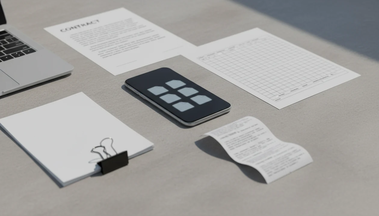 A smartphone surrounded by business documents, suggesting mobile PDF conversion for work files.