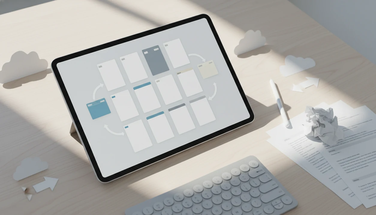 An iPad workspace showing abstract PDF conversion cards, a stylus, keyboard, and paper documents on a desk.