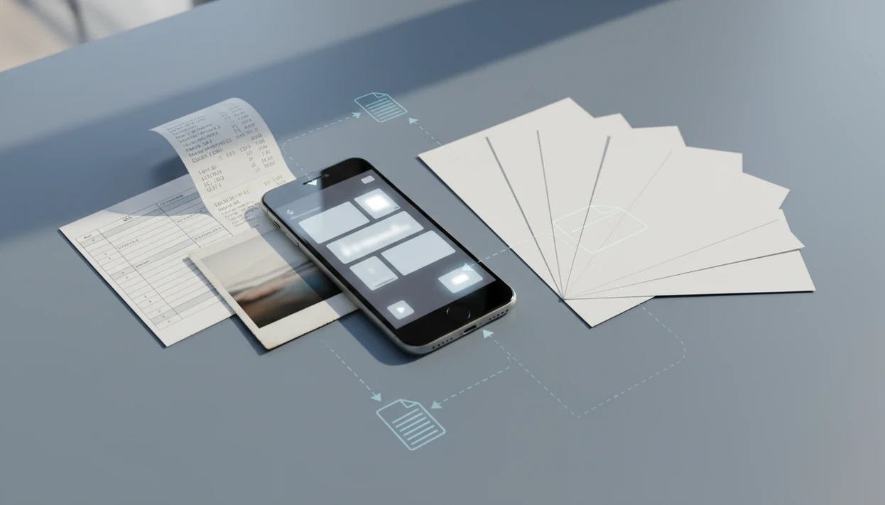 An iPhone surrounded by documents, receipts, and photos to show mobile PDF conversion workflows.