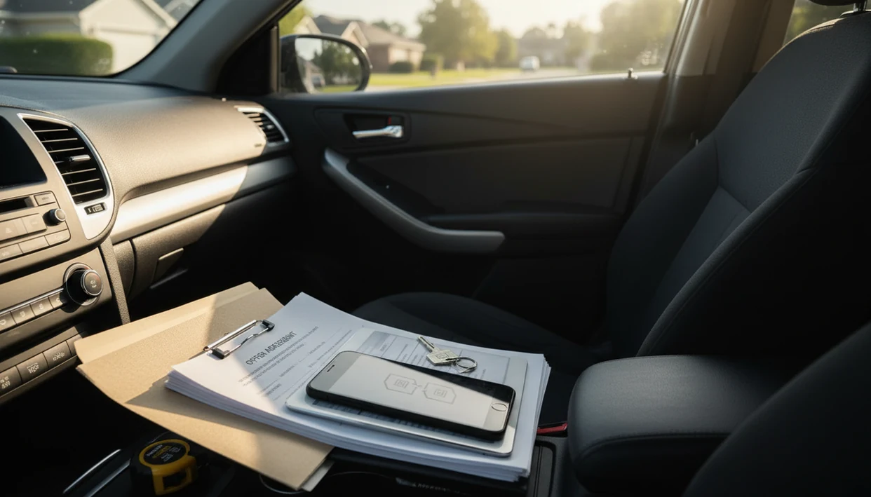 A mobile real estate document workspace with devices, papers, keys, and a folder inside a parked car.