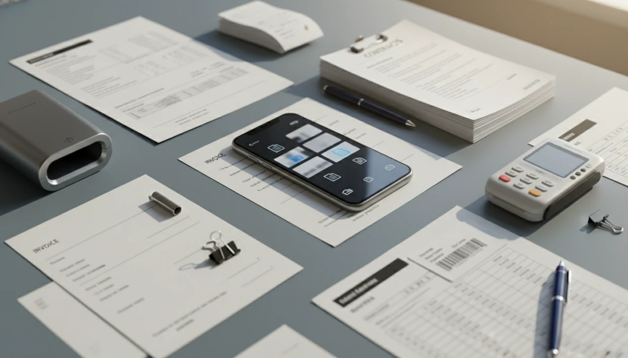 A small business desk with a phone surrounded by invoices, receipts, contracts, and paperwork.