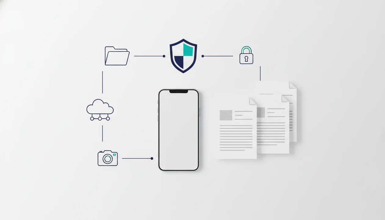 A phone, PDF documents, and privacy icons illustrate checking app permissions before conversion.