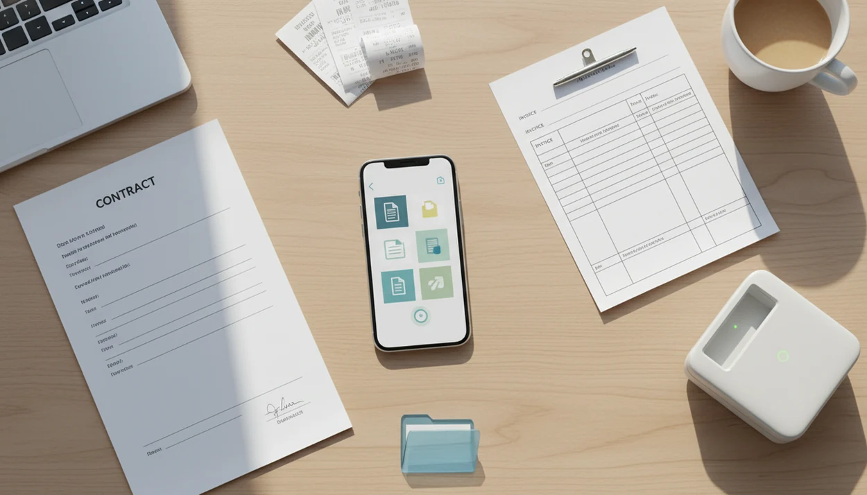 A smartphone surrounded by contracts, receipts, and invoices showing mobile PDF workflow success stories.