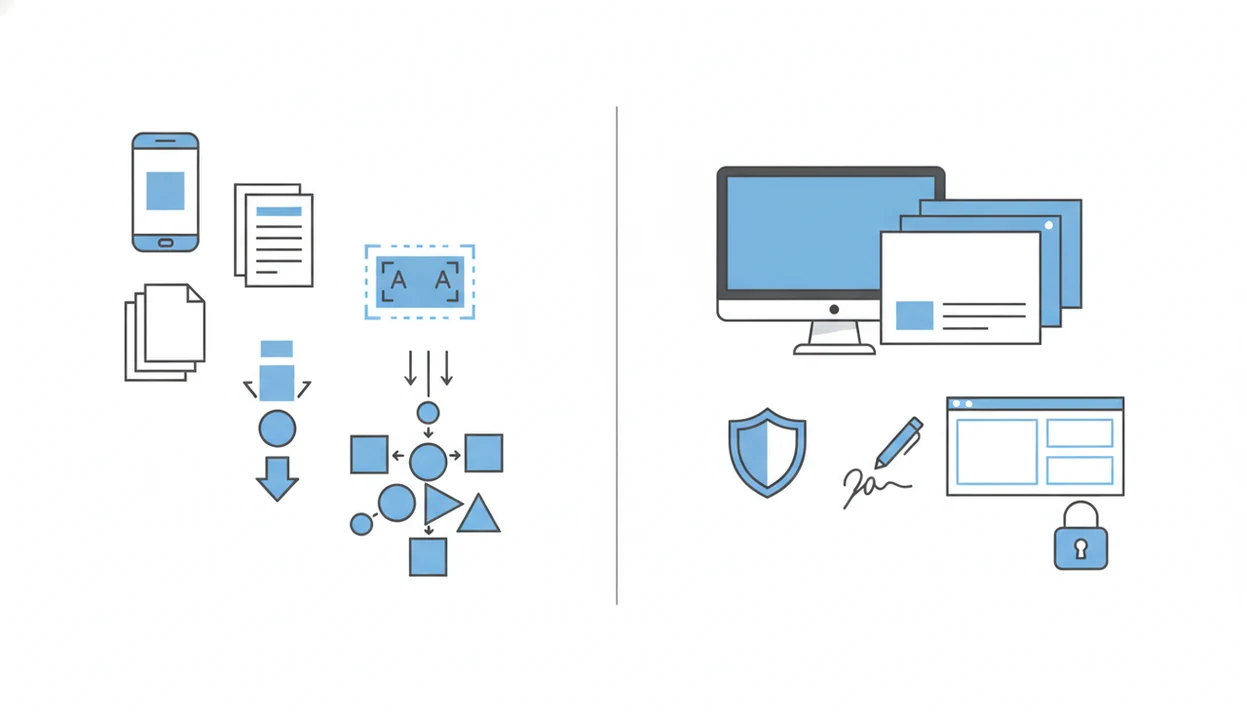A split comparison graphic shows mobile conversion tools beside broader Acrobat-style PDF controls.