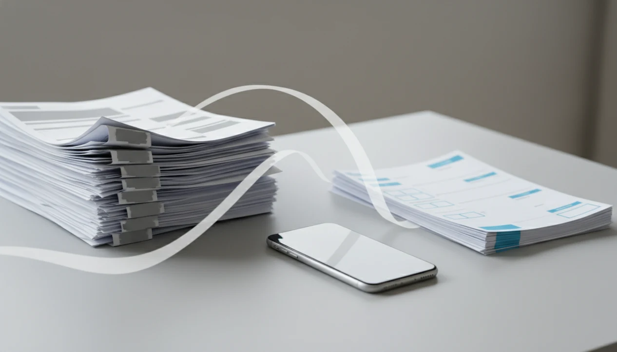 A smartphone sits between messy scanned pages and clean converted documents on a desk.