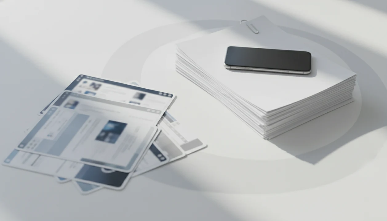PNG screenshots and form images are arranged into one clean PDF document on a bright desk.