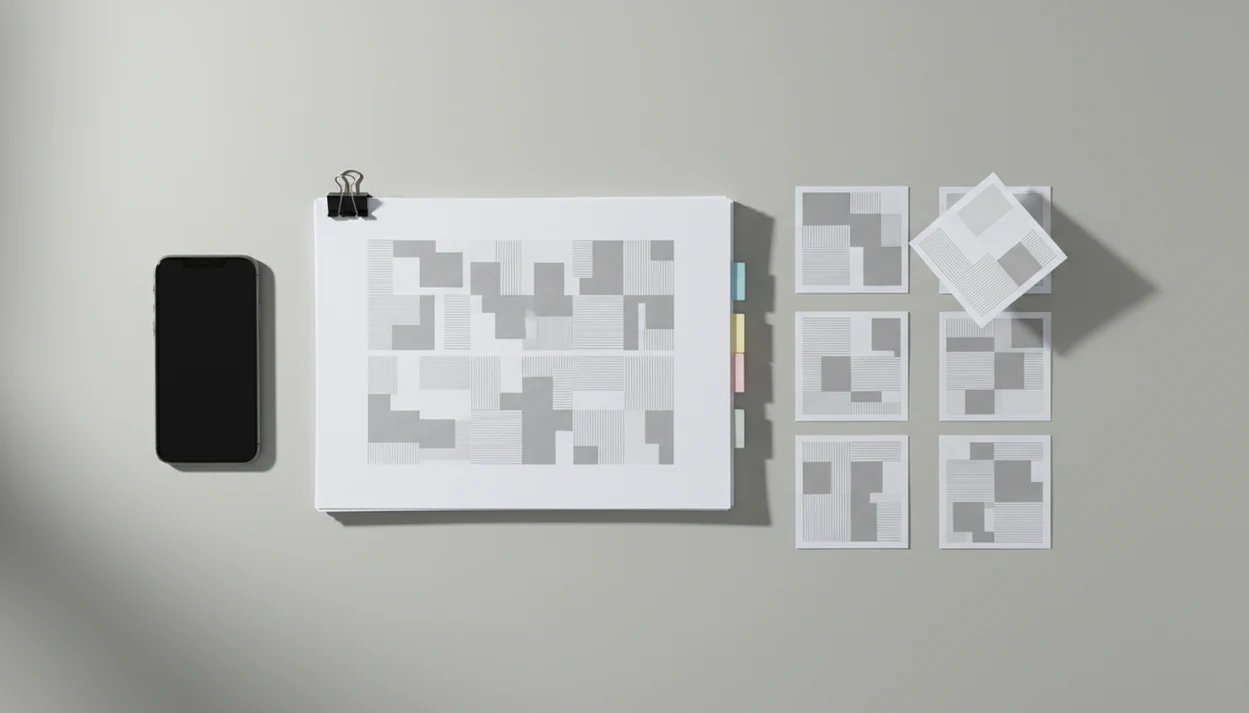 A smartphone beside abstract document pages being rearranged into a clean packet on a desk.