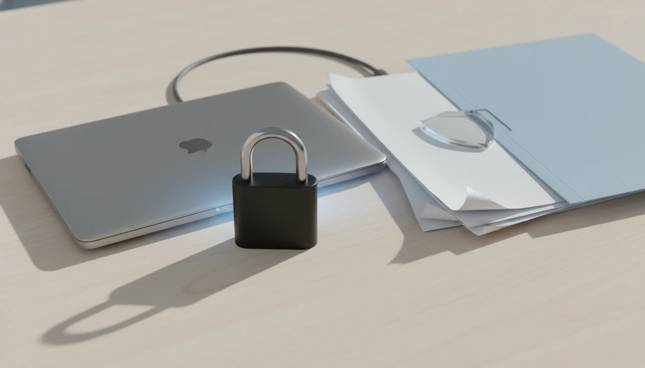 A padlock and shield sit on generic documents beside a laptop, suggesting secure PDF file conversion.