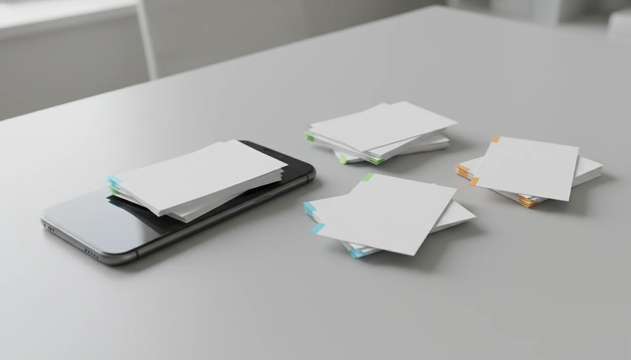 A phone shows blank PDF pages separating into smaller page groups on a clean desk.
